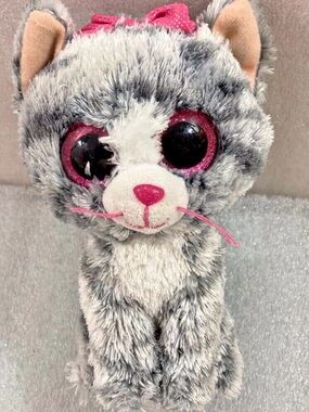 Ty Grey Plush Cat Toy with Pink Accents